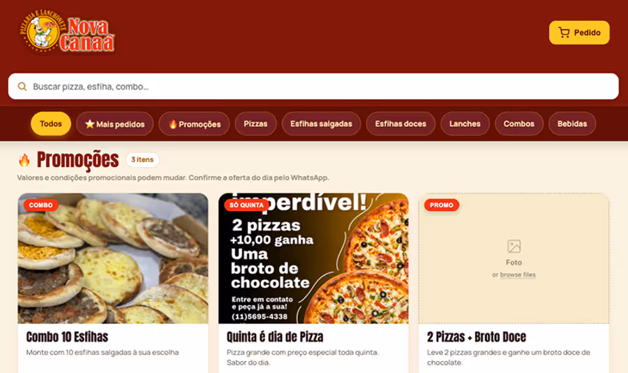 Captura de tela do projeto Pizzaria Nova Canaã