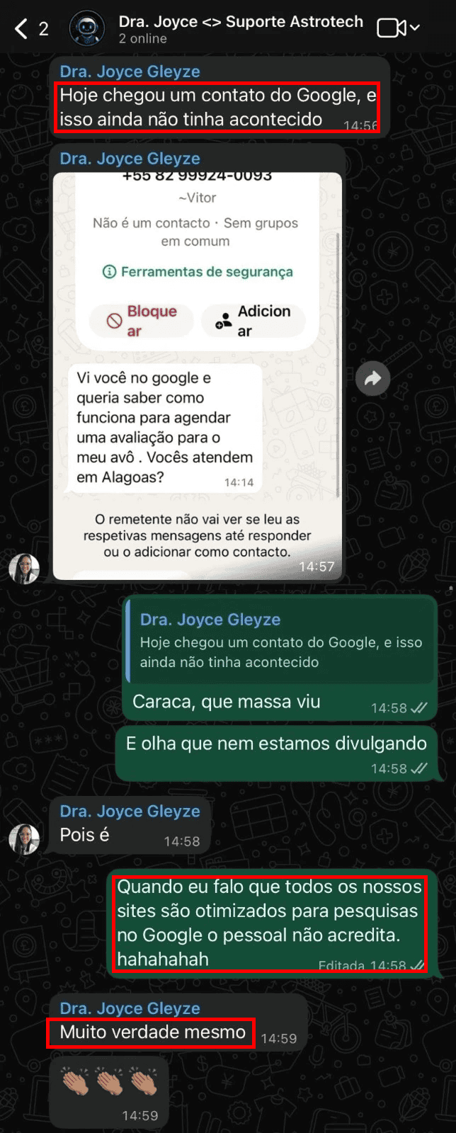 Conversa no WhatsApp com Dra. Joyce Gleyze comentando sobre contato recebido pelo Google