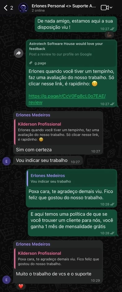 Conversa no WhatsApp com Erlones Personal elogiando o trabalho e o suporte