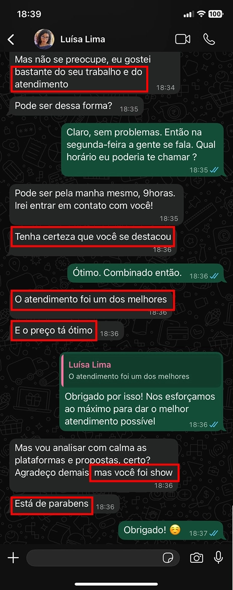 Conversa no WhatsApp com Luísa Lima elogiando o atendimento e o preço